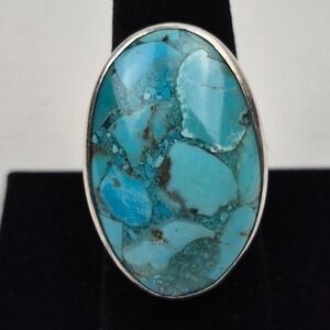 Sterling Silver Turquoise Ring Size 8.5 Statement Floral Scroll Boho 925 Signed